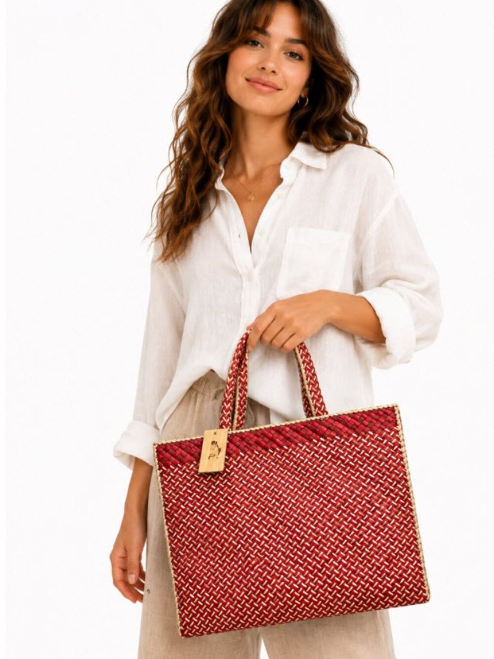 Handwoven Red Tote Bag with Natural Trim